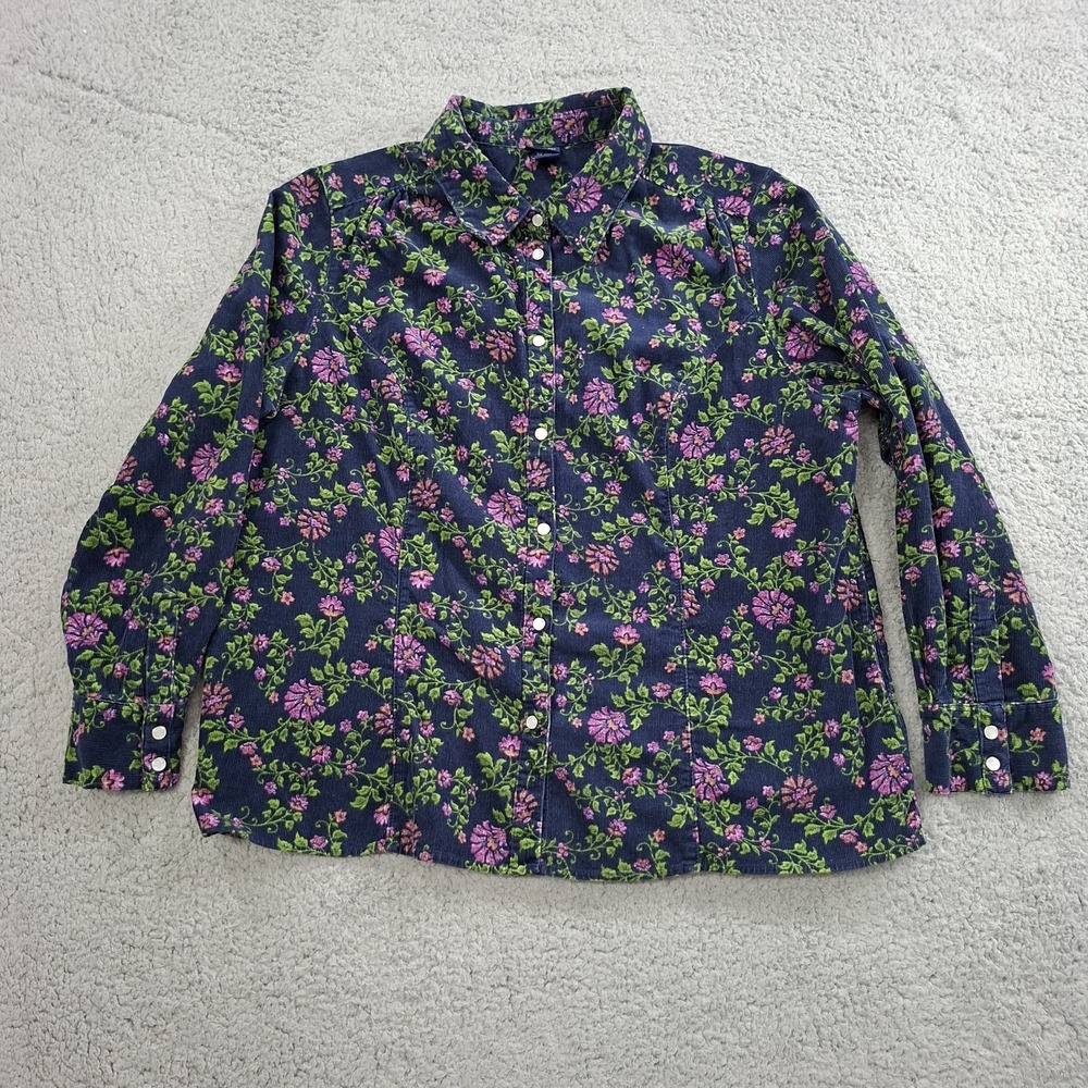 VTG Basic Editions Navy Floral Corduroy Shirt Top 1X Pearl Snap Pocket‎ Blouse